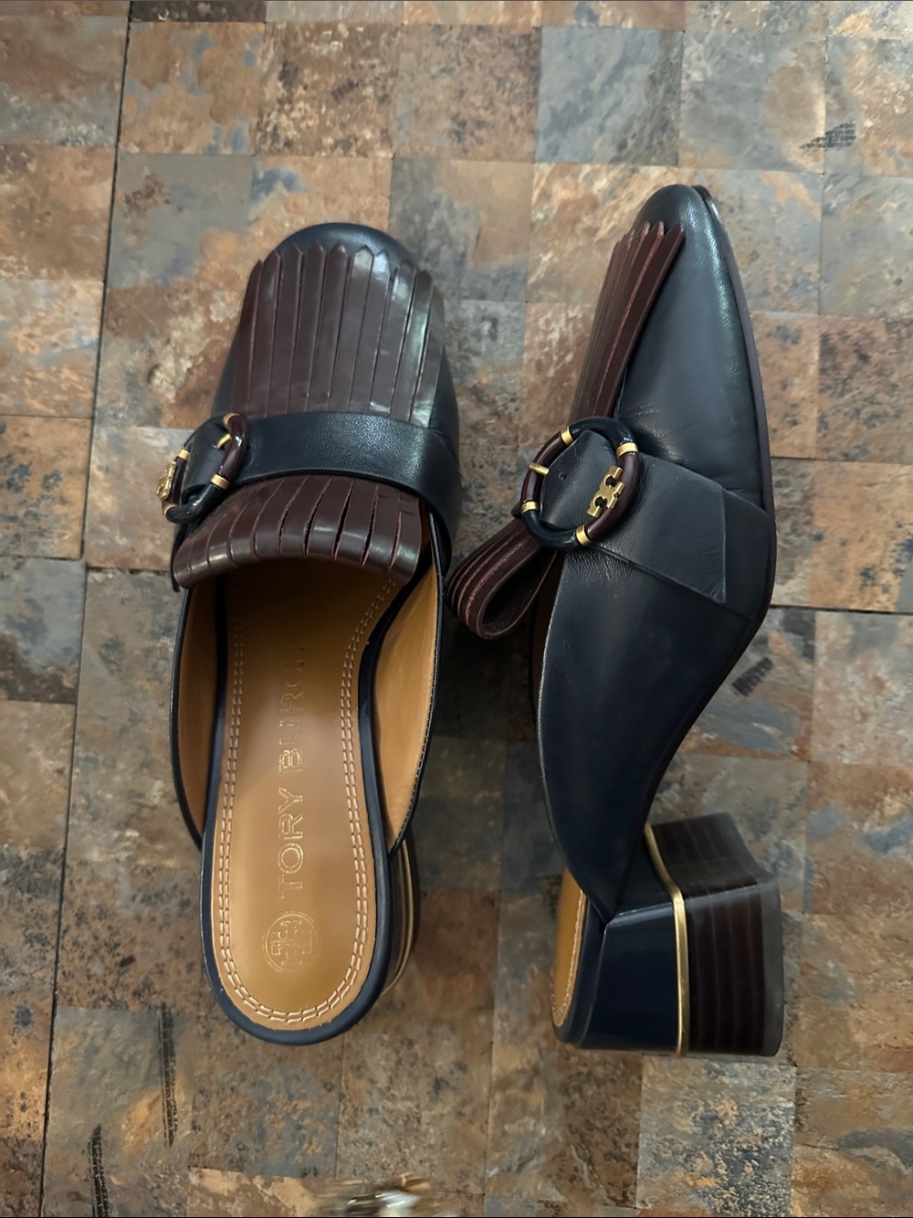 Tory Burch Navy and Brown Leather Fringe Buckle Mules